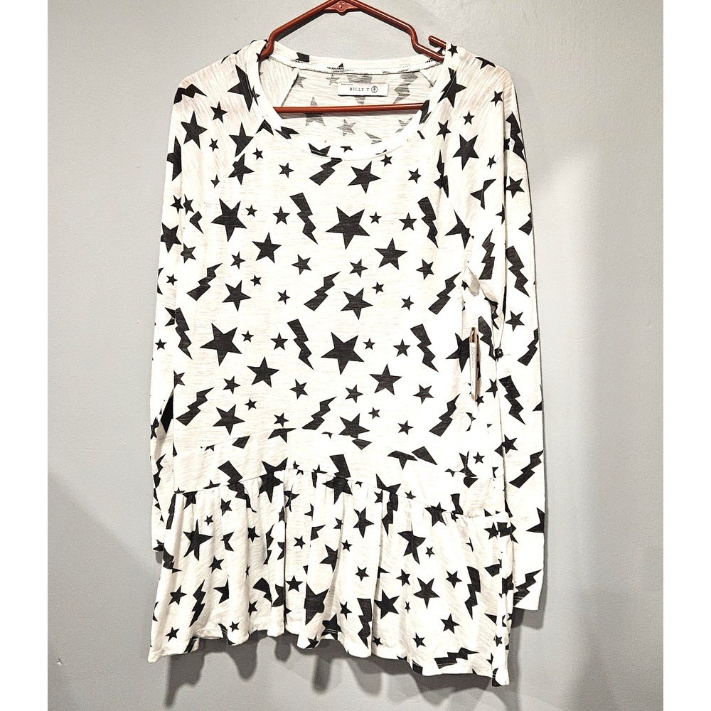 Billy T Size S White Cosmos Slub Shirt Stars Lightning Bolts Drop Waist